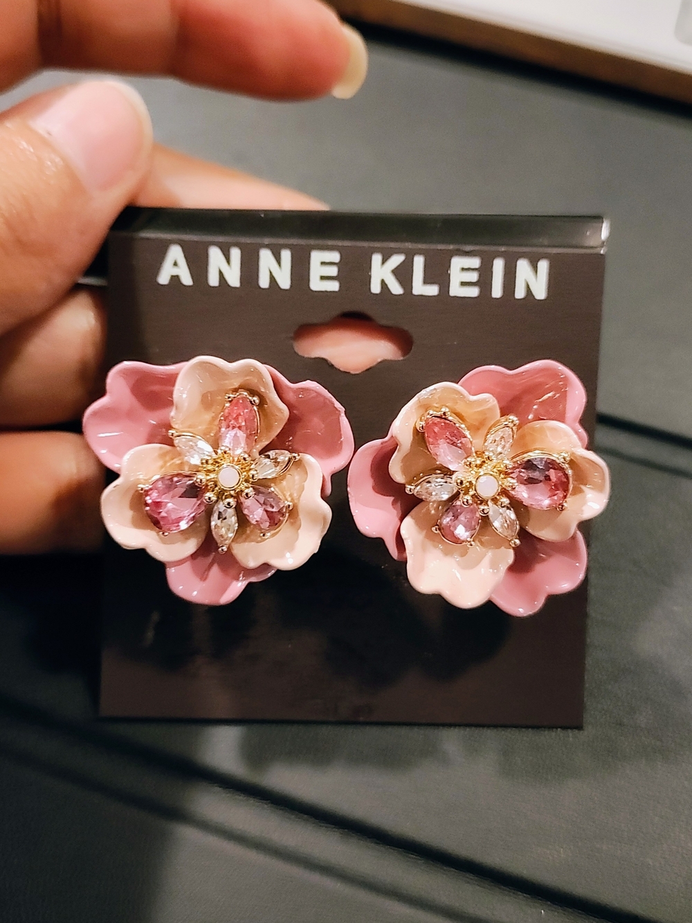 Anne Klein Pink and Cream Floral Crystal Earrings